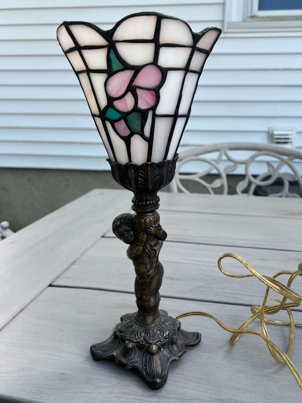 Tiffany style Pink & Green Stained Glass Table Lamp with Cherub Base